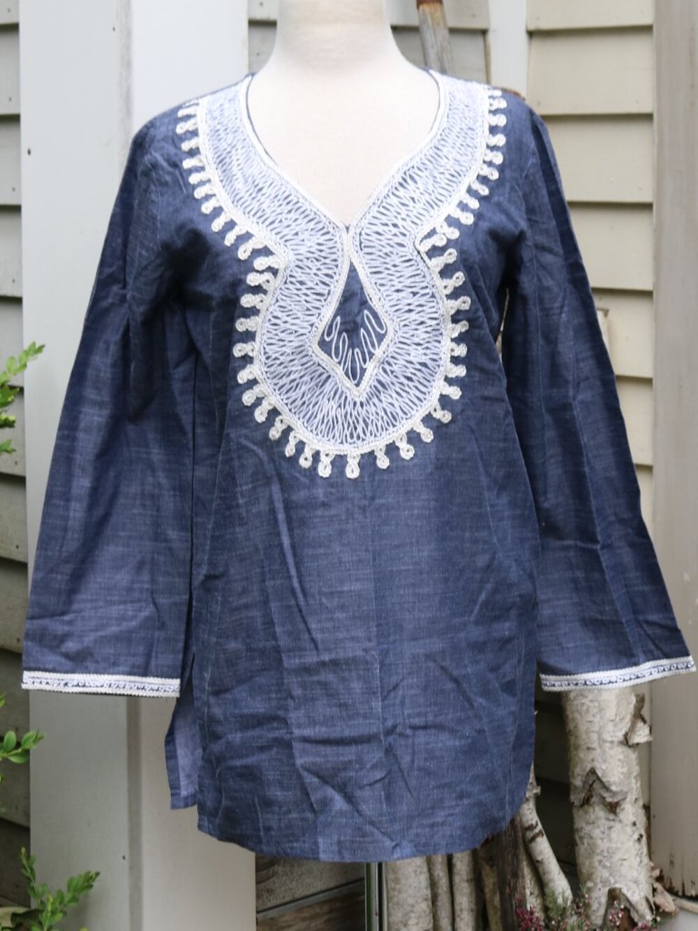 NEW rockflowerpaper Hydra Blue Cotton Embroidered White Lace Yoke Tunic Sz MED